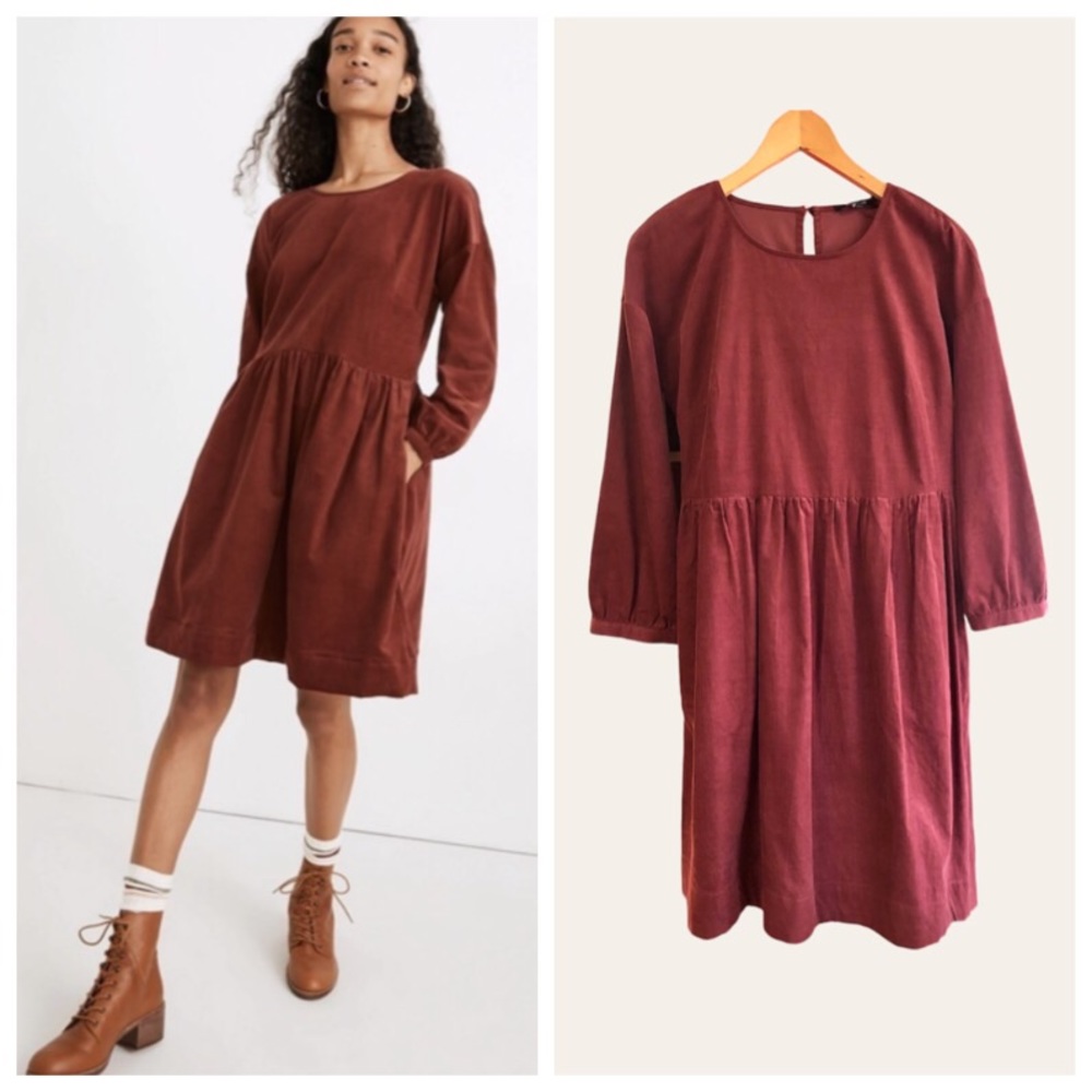 Madewell relaxed corduroy rust mini dress 90s 70s casual babydoll